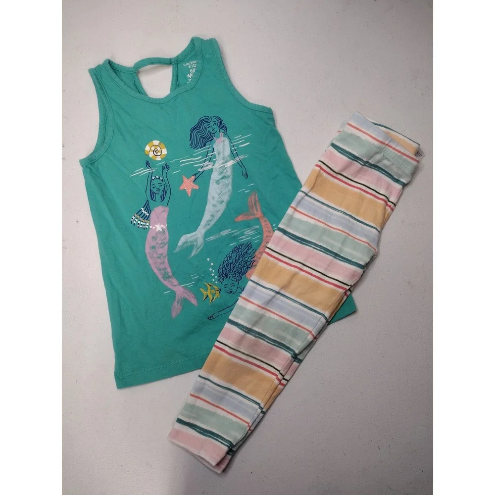Carters Kid Girls 6/6X Mermaid Tank Top and Striped Leggings 2-Piece Set Teal